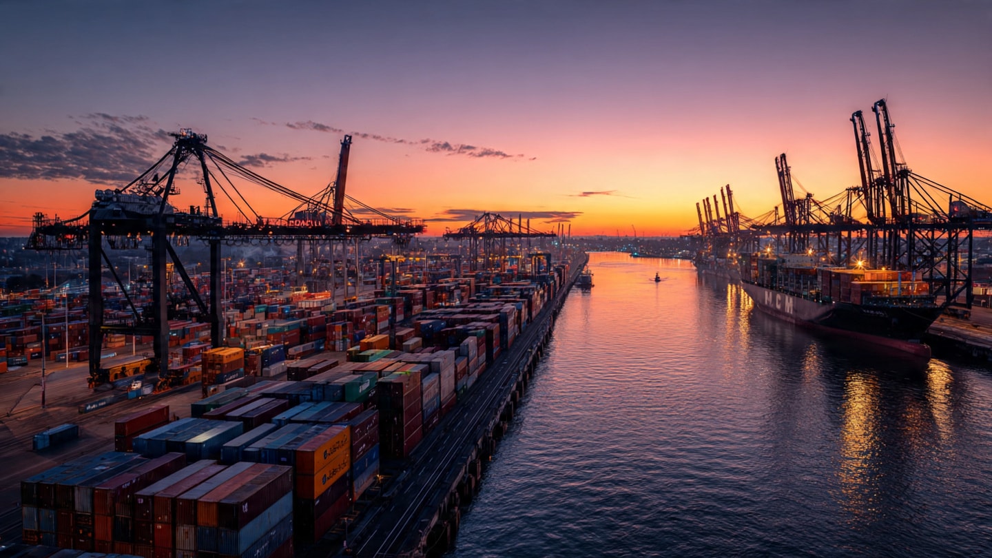 International trade port at sunset